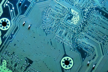 Close up of a printed blue computer circuit board