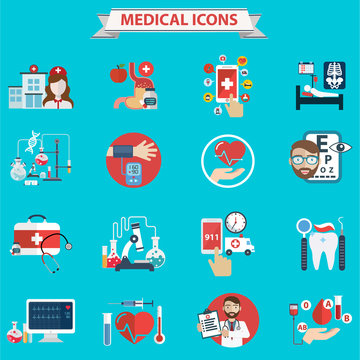 Flat medical icons concept set of medical supplies, healthcare diagnosis and treatment, laboratory tests, medicines and equipment. Vector concept for graphic and web design.