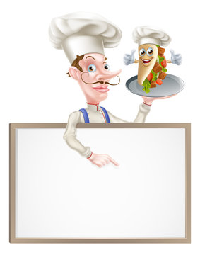 Cartoon Chef Pointing at Kebab Sign