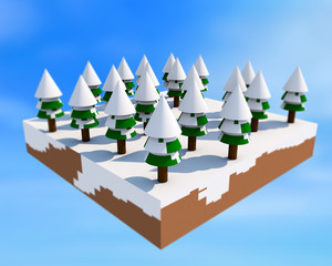 Winter forest, low poly style 3d render