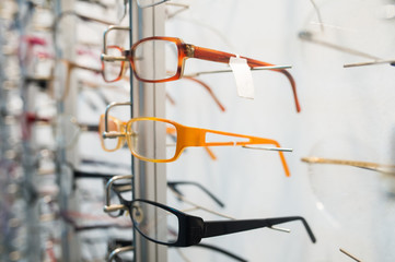 Row of eyeglass at an opticians
