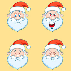 Four funny Santa Claus heads - set. Vector Cartoon Set Of Different Santa Claus Faces.