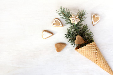 faerie winter holiday/ fireworks gingerbread hearts of waffle cone with Christmas tree 
