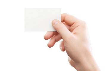 hand holding white business card at isolated background mockup