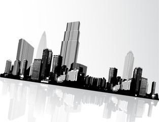 Black and white panorama of cityscape placed in angle.