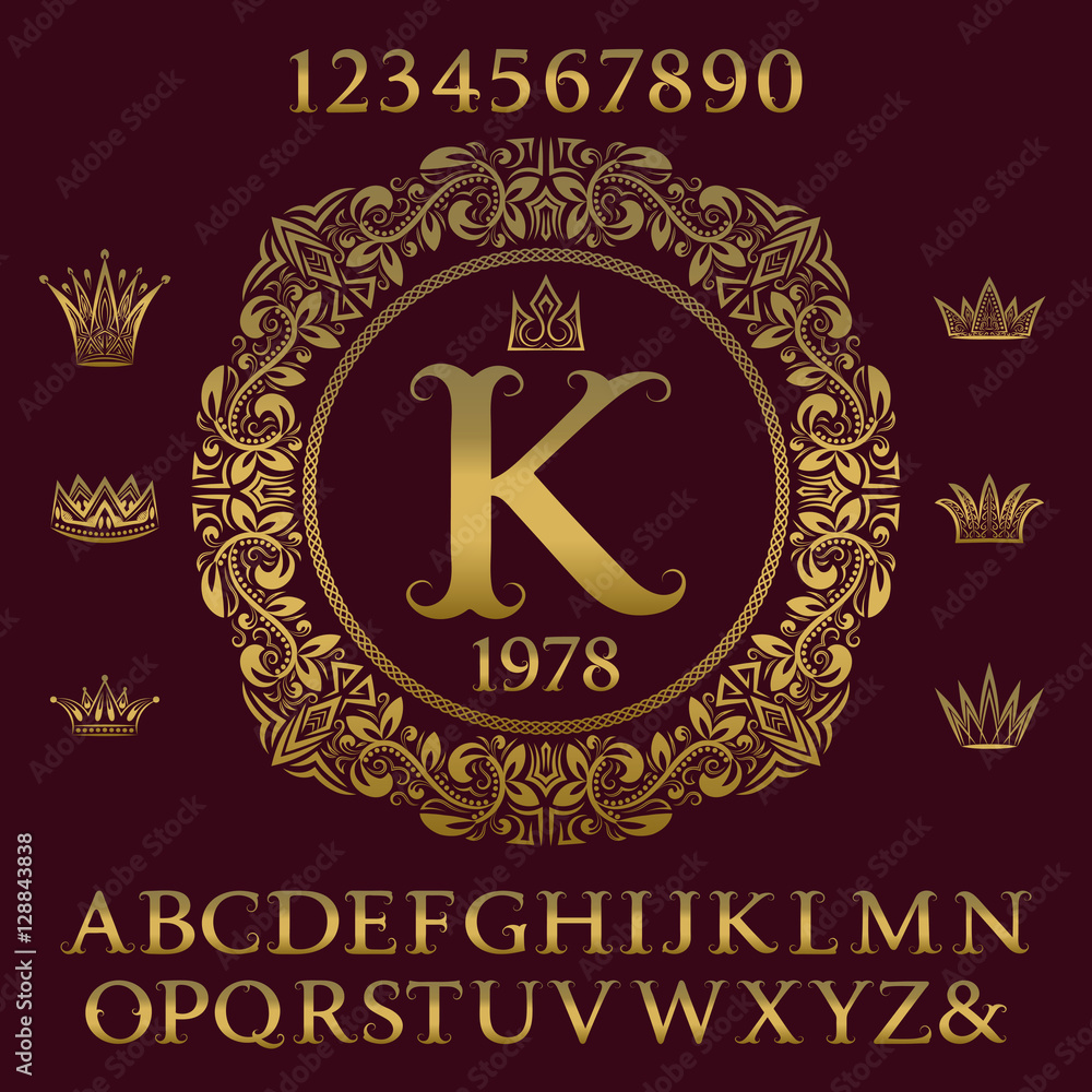 Poster golden letters and numbers with initial monogram and crowns. antique font and elements kit for logo 