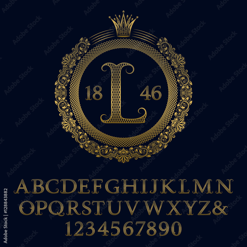 Poster lattice patterned gold letters and numbers with initial monogram in coat of arms form. decorative pa