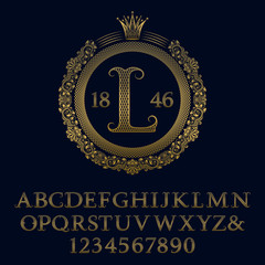 Lattice patterned gold letters and numbers with initial monogram in coat of arms form. Decorative patterned font for logo design. Isolated english vintage alphabet, figures.