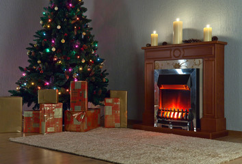 Christmas tree with gifts and fireplace