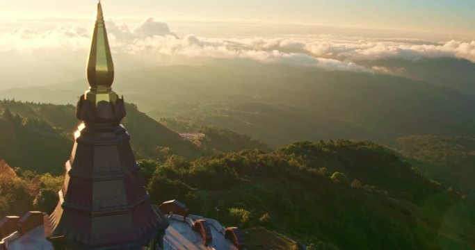 Aerial view of Buddhist pagoda temple in Thailand at sunrise