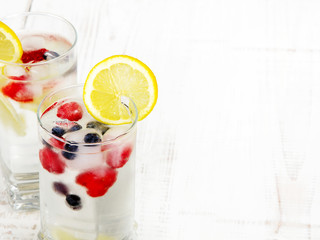 mineral water with fruit frozen in ice cubes