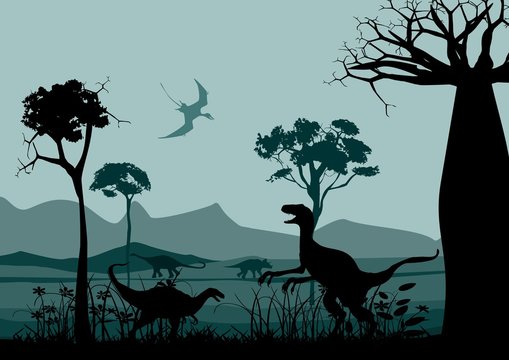 Wildlife silhouettes scene with dinisaurs. Prehistoric landscape silhouettes. Vector illustration.