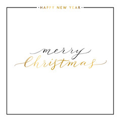 Merry Christmas gold text isolated on white background, hand painted letter, golden vector Xmas lettering for greeting card, poster, banner, print, invitation, handwritten calligraphy