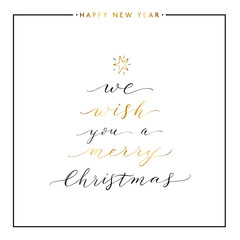 Fototapeta na wymiar We wish you a Merry Christmas gold text isolated on white background, hand painted letter, golden vector Merry Christmas lettering for greeting card, poster, print, invitation, handwritten calligraphy