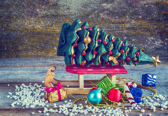 Christmas tree gift boxes and sleigh