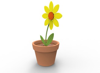 3d illustration of cartoon flower in the pot. white background isolated. icon for game web.