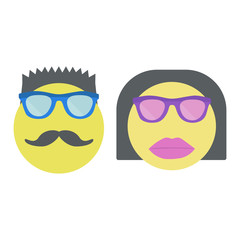 Two smiles. Smiley woman in sunglasses with lipstick and man with moustache. Vector illustration.