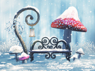 Zimowa sceneria z ławką, magiczną latarnią i czerwonymi grzybami - obrazy, fototapety, plakaty