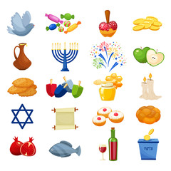 Various symbols and items of hanukkah celebration flat icons set isolated vector illustration