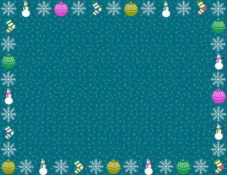 Simple Christmas frame: snowflakes, snowman, christmas balls and socks on a green backround