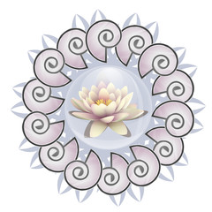 Logo lotus in a bubble. Lily flower in a drop of water on a background pattern mandala. Line length of Buddhism, yoga and spa salon. Vector illustration - mandala made of shells
