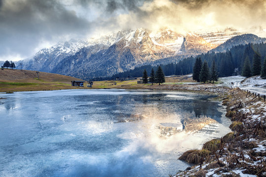 Beautiful mountain landscape. Dolomite Mountains, a frozen lake