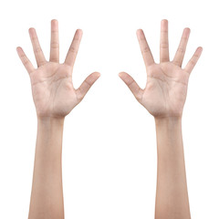 Woman left and right hand showing the five fingers on white with