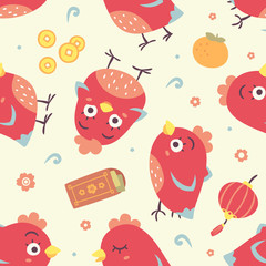 vector cartoon chinese new year of rooster seamless pattern