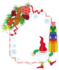 Holiday frame with decorations and Christmas elf. Copy space. Christmas background. Vector clip art.