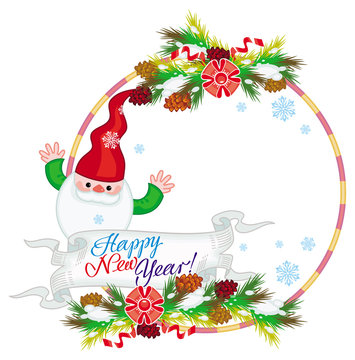 Holiday frame with decorations and Christmas elf. Copy space. Christmas background. Vector clip art.
