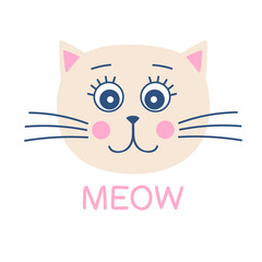 Cute cat print. Meow. Vector card with hand drawn cat face. Illustration in flat style. Isolated.