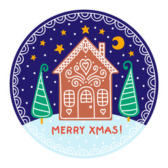 Merry Xmas! Vector hand drawn winter ball with gingerbread house, christmas tree, snow, stars and moon. Flat winter elements with white doodle ornament. Isolated. Christmas night design.