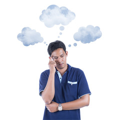 Picture of a young man's thinking, isolated on white background.