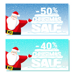 Set of poster Christmas sale with funny Santa Claus and text from big letters on snow isolated on white background. Concept design price label or web sites banner. Cartoon style. Vector illustration