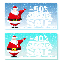 Set of poster Christmas sale with funny Santa Claus and text from big letters on snow isolated on white background. Concept design price label or web sites banner. Cartoon style. Vector illustration