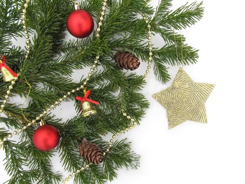 Background for new year and Christmas, the Christmas tree with star and decorations