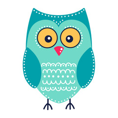Cute green owl. Vector hand drawn flat bird with white ornament. Bright color owl for kids design. Isolated. On white background.