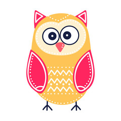 Cute yellow owl. Vector hand drawn flat bird with white ornament. Bright color owl for childish design. Isolated. On white background.