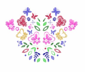 Fototapeta na wymiar Floral design , embroidery pattern. Colorful vector illustration hand drawn. Fantasy flowers leaves and butterflies. T-shirt designs.