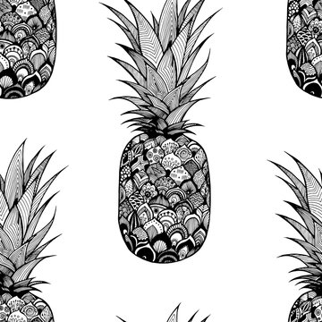 Vector seamless texture with pineapple. Textile. Doodle. Black and white drawing by hand. Graphic arts. Pattern.
