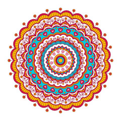 Vector hand drawn doodle mandala with hearts. Ethnic mandala with colorful ornament. Isolated. Tribal ornament. Red, yellow, blue, white and pink colors.