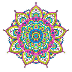 Vector hand drawn doodle mandala with hearts. Ethnic mandala with colorful ornament. Isolated. Tribal ornament. Bright colors mandala. - 128851858