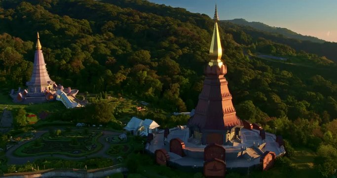 Aerial view of Buddhist pagoda temple in Thailand at sunrise