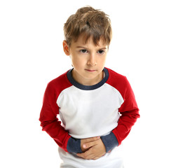 Little boy suffering from stomach ache, isolated on white