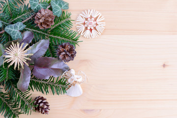  Christmas natural decoration on a wooden background.