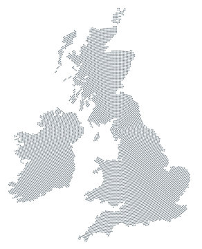 British Isles map radial dot pattern. Gray dots going from the center forming the silhouettes of Ireland and United Kingdom with the island Great Britain. Illustration on white background. Vector.