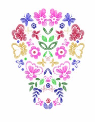Skull with fantasy flowers and butterflies. Colorful vector illustration hand drawn. T-shirt designs.
