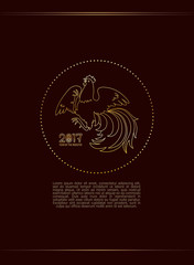 2017, the Year of the Fire Rooster in Chinese Horoscope. Brown and gold colors, symbol of new year. Fire element. Hand drawn clip-art, illustration. Vector design element for greeting card or poster