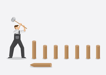 Builder Pounding Wooden Posts into Ground Vector Illustration