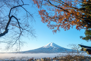 Mt. Fuji with red pagoda, Fujiyoshida, Japan